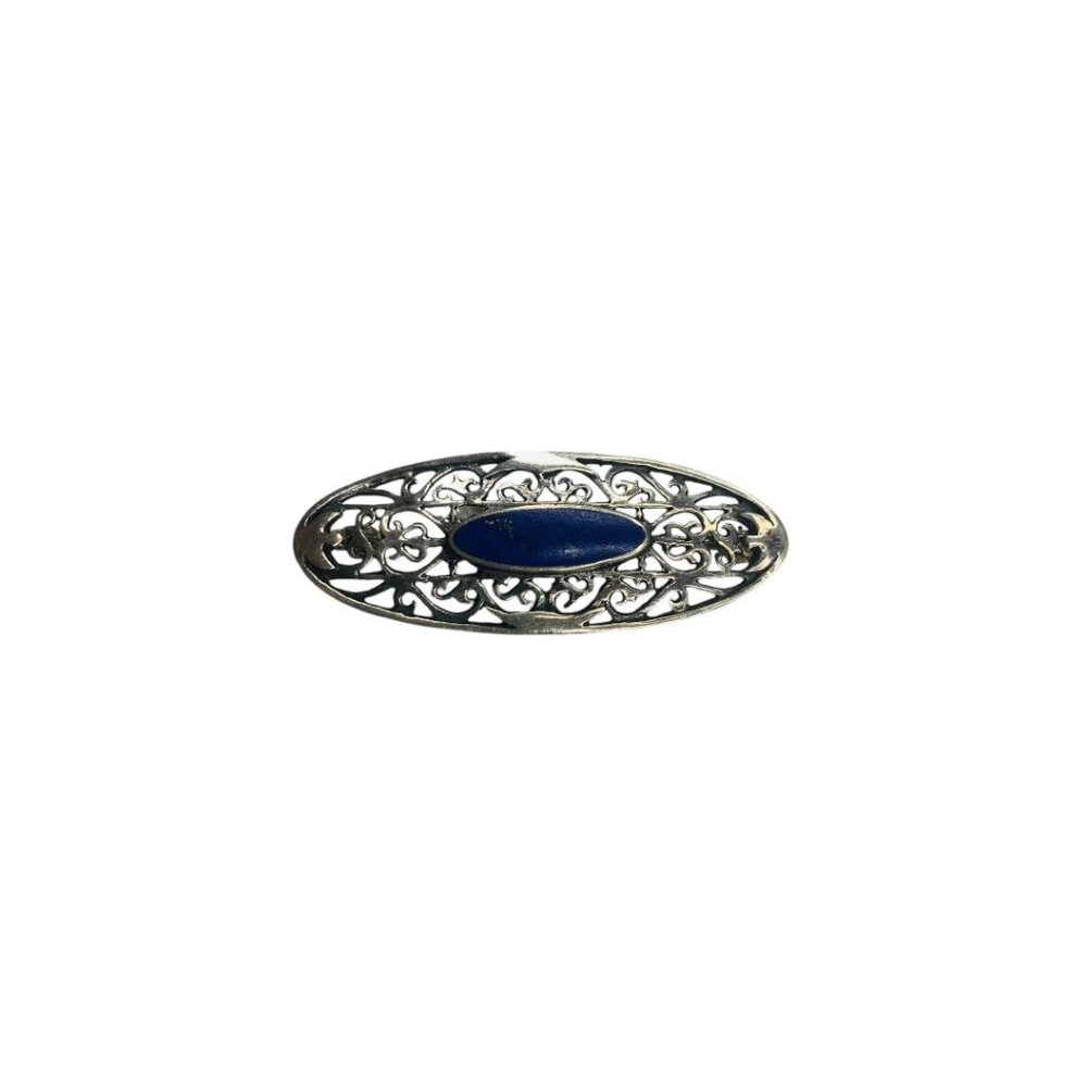 Signed Boma Sterling Silver Lapis Lazuli Fiigree Brooch Pin  Vintage 1.75"
